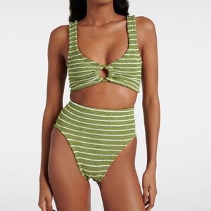 New Hunza G Bikini Set Nadine Metallic Moss Green White Stripe High Waisted Loop